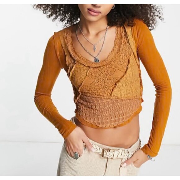 FREE PEOPLE Taylor Top Sz M Gold-Brown Lace Panel Rib Raglan Sleeve Cotton Blend - Picture 7 of 14